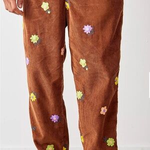 Urban Outfitters Brown Floral Embroidered Corduroy Trousers